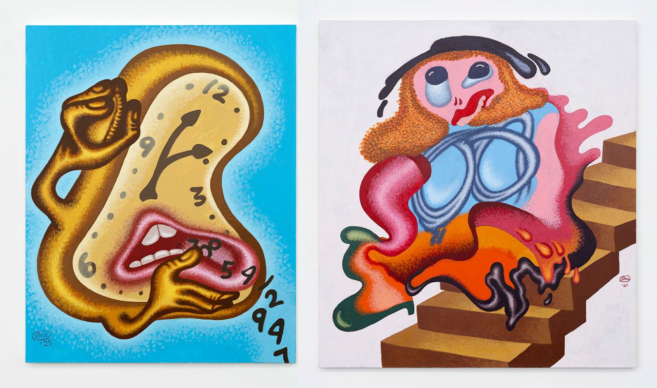 Left: Peter Saul, Selfwinding Softwatch telling the time, 2025, Acrylic on canvas, 50 x 40 inches (127 x 101.6 cm)Right: Peter Saul, De Kooning’s woman descends the staircase, 2025, Acrylic on canvas, 55 x 60 inches (139.7 x 152.4 cm)