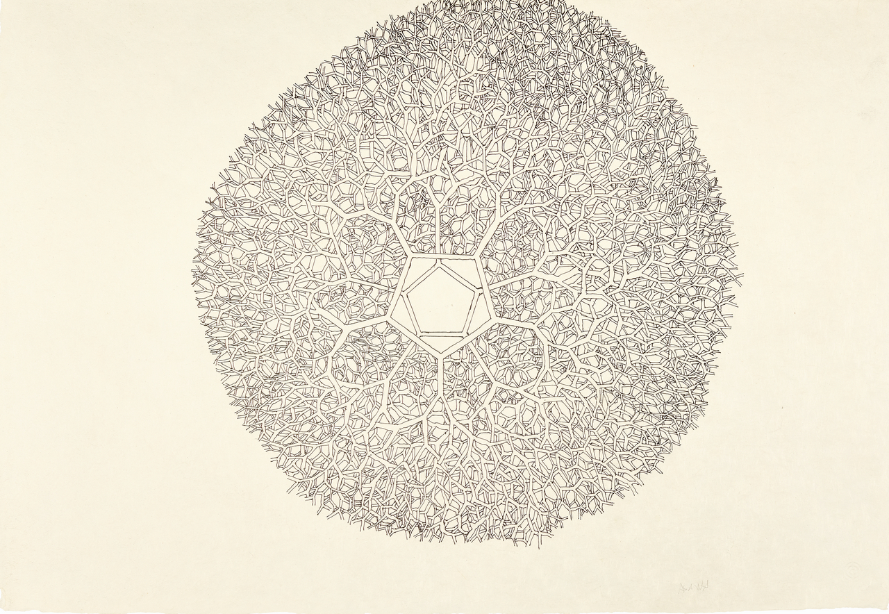 Ruth Asawa, Untitled (SD.017, Tied-Wire Sculpture Drawing with Open Pentagon in Center), 1980s to mid-1990s; ink on paper; 46.4 x 66 cm; private collection;© 2026 Ruth Asawa Lanier, Inc., courtesy David Zwirner; photo: James Paonessa