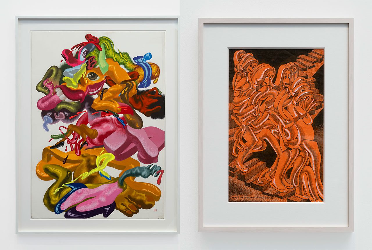 Left: Peter Saul, Exquisite Corpse, 1980, Oil and acrylic on paper, 51 ½ x 37 ½ (130.8 x 95.3 cm)Right: Peter Saul, Nude descending the staircase 1977, Mixed media on paper, 18 x 11 7/8 inches (45.7 x 30.2 cm)