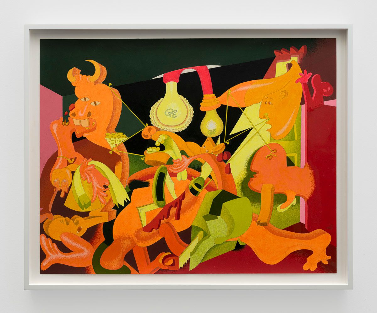Peter Saul, Guernica (Orange), 1977, Acrylic, ink, and graphite on museum board, 23 x 28 ½ inches (58.4 x 72.4 cm)