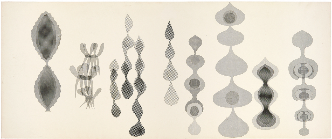 Ruth Asawa, Untitled (ZP.l6B, Twelve Looped-Wire Sculptural Forms), mid- to late 1950s; screentone on mat board; 25.4 x 61 cm; private collection;© 2026 Ruth Asawa Lanier, Inc., courtesy David Zwirner; photo: James Paonessa