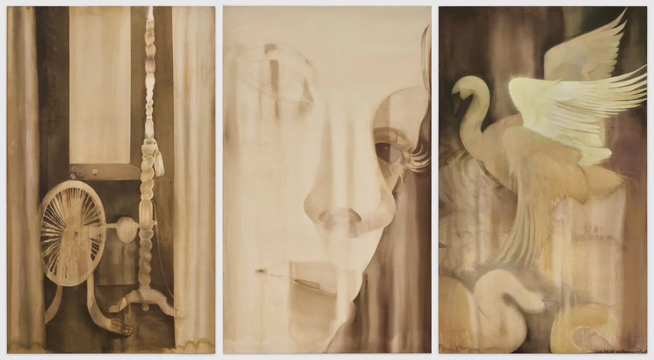 Anna Ruth, Kolovrat, Closer Than Allowed, Muscle Memory, 2026, Acrylic on canvas, triptych, 250 x 450 cm | 98 3/8 x 177 1/8 in (overall), © Anna Ruth, Courtesy the artist and GRIMM Gallery