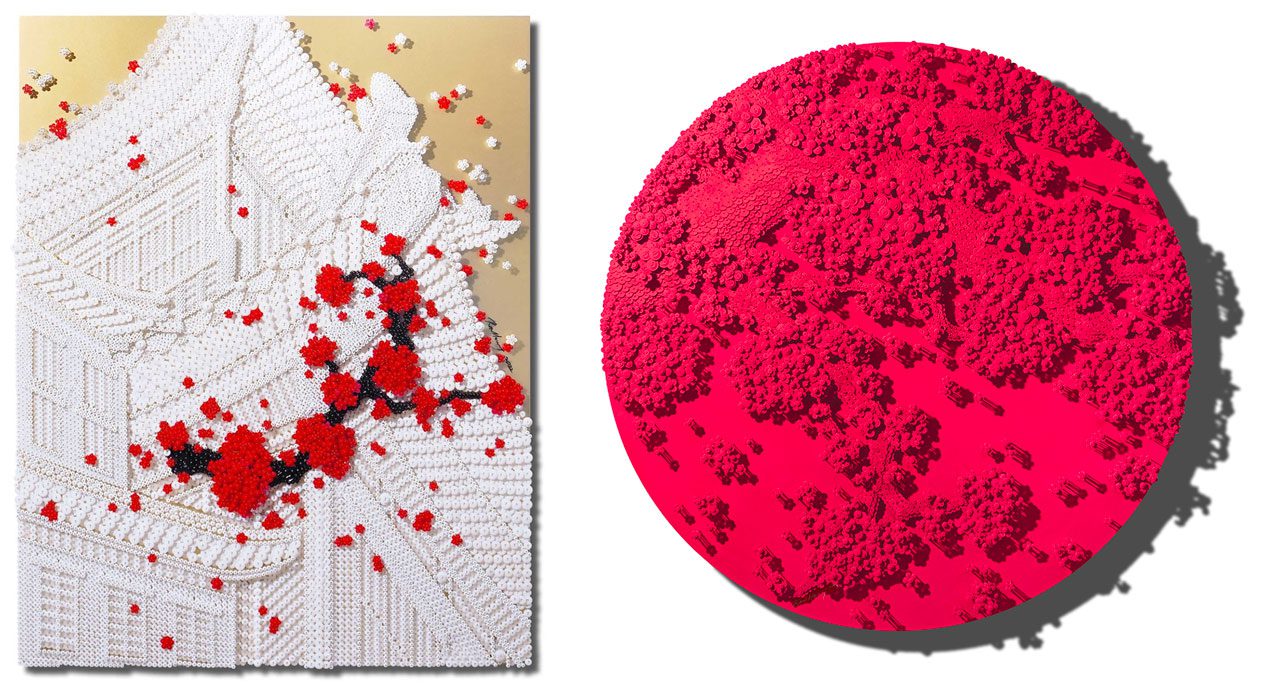 Left: Ran Hwang, The Red Wind, 2022, Plastic buttons, beads and pins on wood panel, 140 x 110 cm | 55.1 x 43.3 in., © Ran Hwang, Courtesy the artist and Leila Heller GalleryRight: Ran Hwang, Beyond the Serenity, 2024, Paper buttons, beads, pins, and crystals on Plexiglass, painting, 53.85 x 61.98 cm | 21.2 x 24.4 in., © Ran Hwang, Courtesy the artist and Leila Heller Gallery