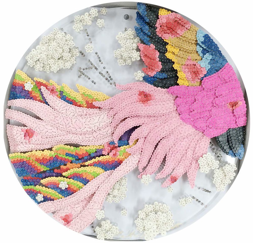 Ran Hwang, Soaring Agian M3, 2015, Paper buttons, beads, pins, and crystals on Plexiglass, 60.45 x 60.45 cm | 23.8 x 23.8 in., © Ran Hwang, Courtesy the artist and Leila Heller Gallery