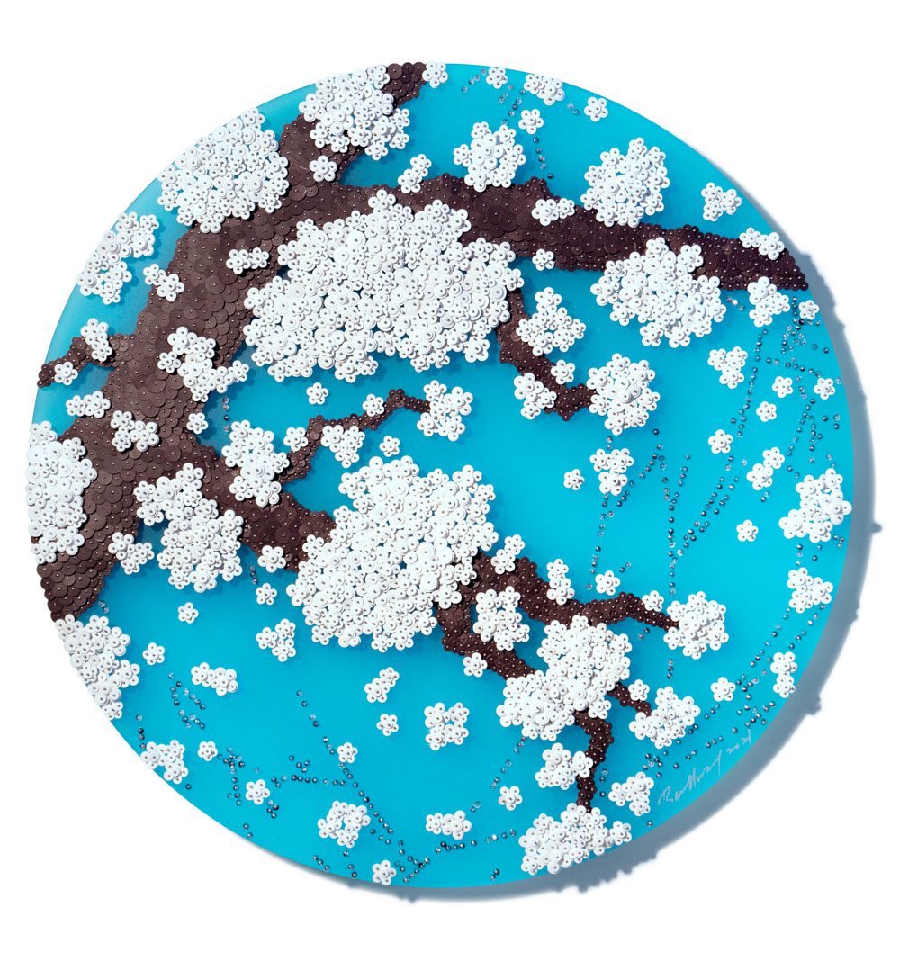 Ran Hwang, Ode to Second Full Moon_TWK, 2015, Paper buttons, beads, pins, and crystals on Plexiglass, 53.85 x 61.98 cm | 21.2 x 24.4 in., © Ran Hwang, Courtesy the artist and Leila Heller Gallery