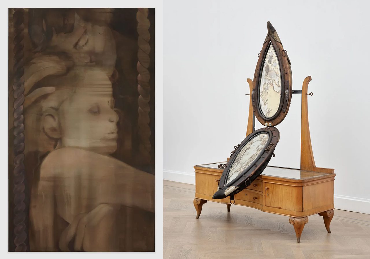 Left: Anna Ruth, In Close Quarters, 2026, Acrylic on canvas, 250 x 150 cm | 98 3/8 x 59 in, © Anna Ruth, Courtesy the artist and GRIMM GalleryRight: Anna Ruth, Vanity, 2026, Mixed media, 185 x 130 x 90 cm |
