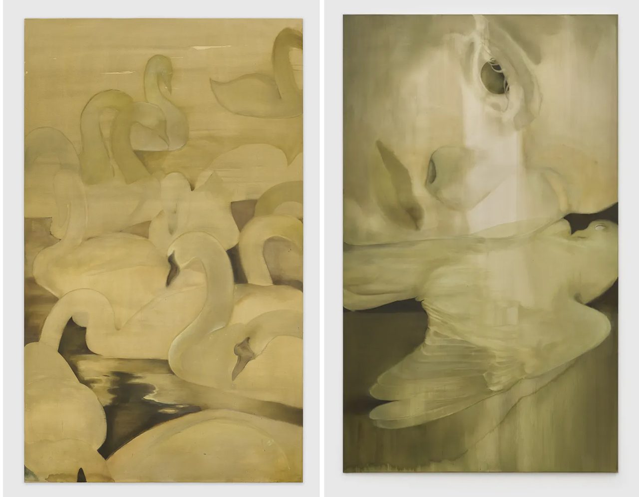 Left: Anna Ruth, Crowded, 2026, Acrylic on canvas, 250 x 150 cm | 98 3/8 x 59 in, © Anna Ruth, Courtesy the artist and GRIMM GalleryRight: Anna Ruth, Still Breathing?, 2026, Acrylic on canvas, 250 x 150 cm | 98 3/8 x 59 in, © Anna Ruth, Courtesy the artist and GRIMM Gallery