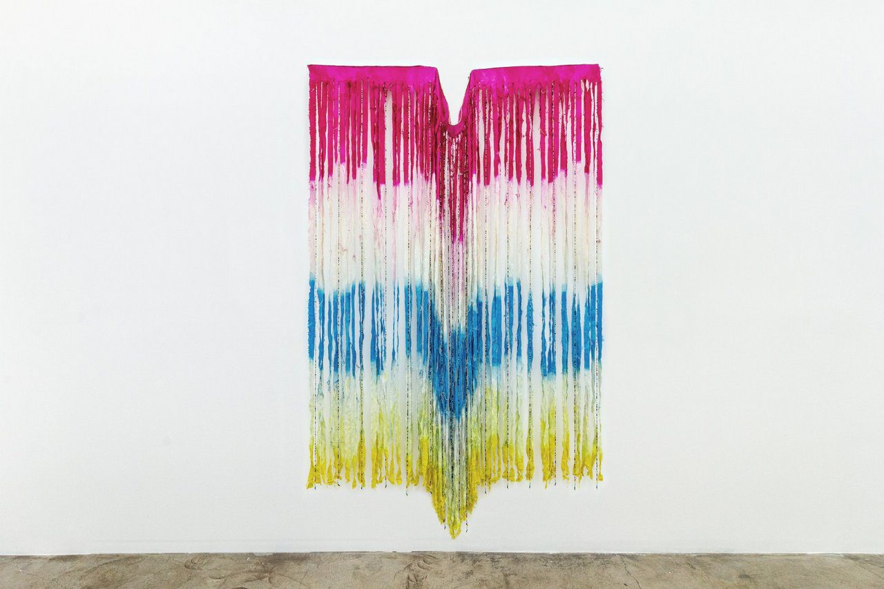 Chelsea Bighorn, CMYK, 2024, canvas, dye, glass beads, 85 x 52 in. / 216 x 132 cm, © Chelsea Bighorn, Courtesy the artist and de boer Gallery