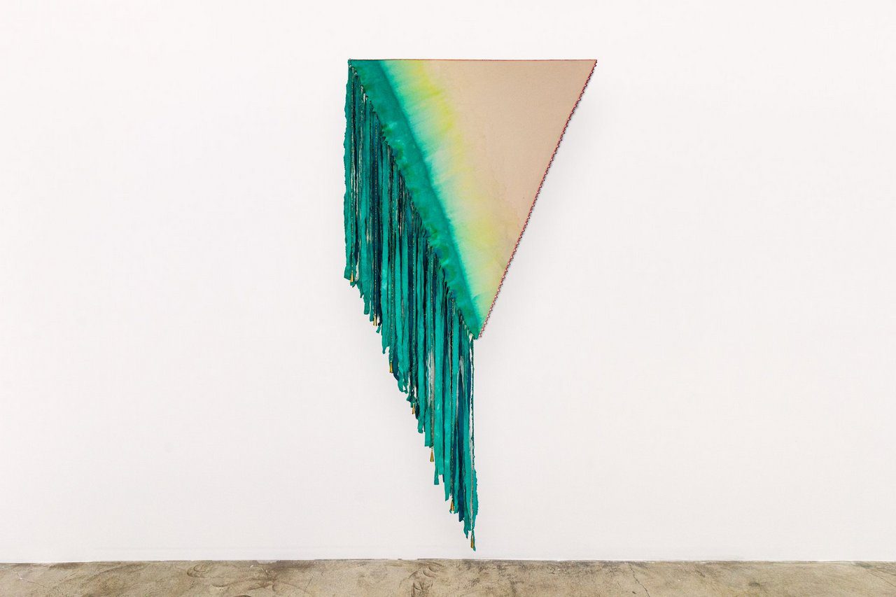 Chelsea Bighorn, Ease the Burden, 2025, canvas, dye, beads, jingle cones, 92 x 47 in. / 234 x 119 cm, © Chelsea Bighorn, Courtesy the artist and de boer Gallery