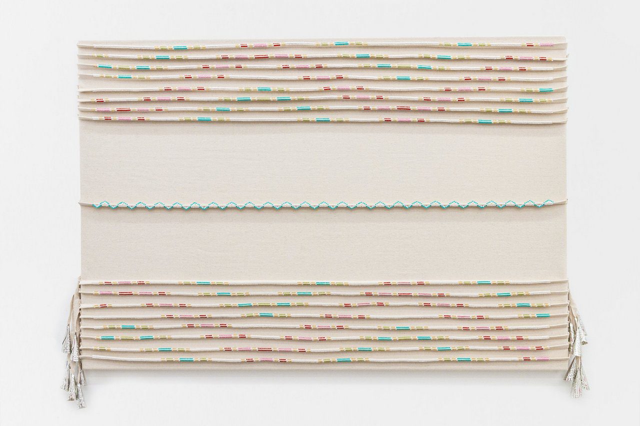 Chelsea Bighorn, Gentle, 2026, canvas, beads, and jingle cones, 30 x 48 in. / 76 x 122 cm, © Chelsea Bighorn, Courtesy the artist and de boer Gallery