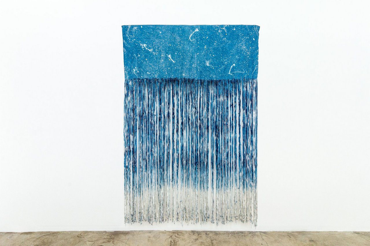 Chelsea Bighorn, Leonid, 2024, canvas, dye, beads, brass sequins, 105 x 69 in. / 244 x 175 cm, © Chelsea Bighorn, Courtesy the artist and de boer Gallery