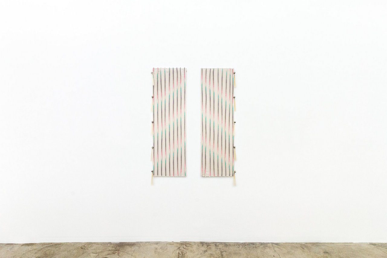 Chelsea Bighorn, Pillars, 2025, canvas, beads, bells, and horse hair, 52 x 40 in. / 132 x 102 cm, © Chelsea Bighorn, Courtesy the artist and de boer Gallery