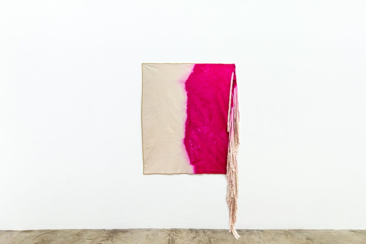 Chelsea Bighorn, Tallow, 2024, canvas, dye, glass beads, artificial sinew, 87 x 51 in. / 221 x 130 cm, © Chelsea Bighorn, Courtesy the artist and de boer Gallery