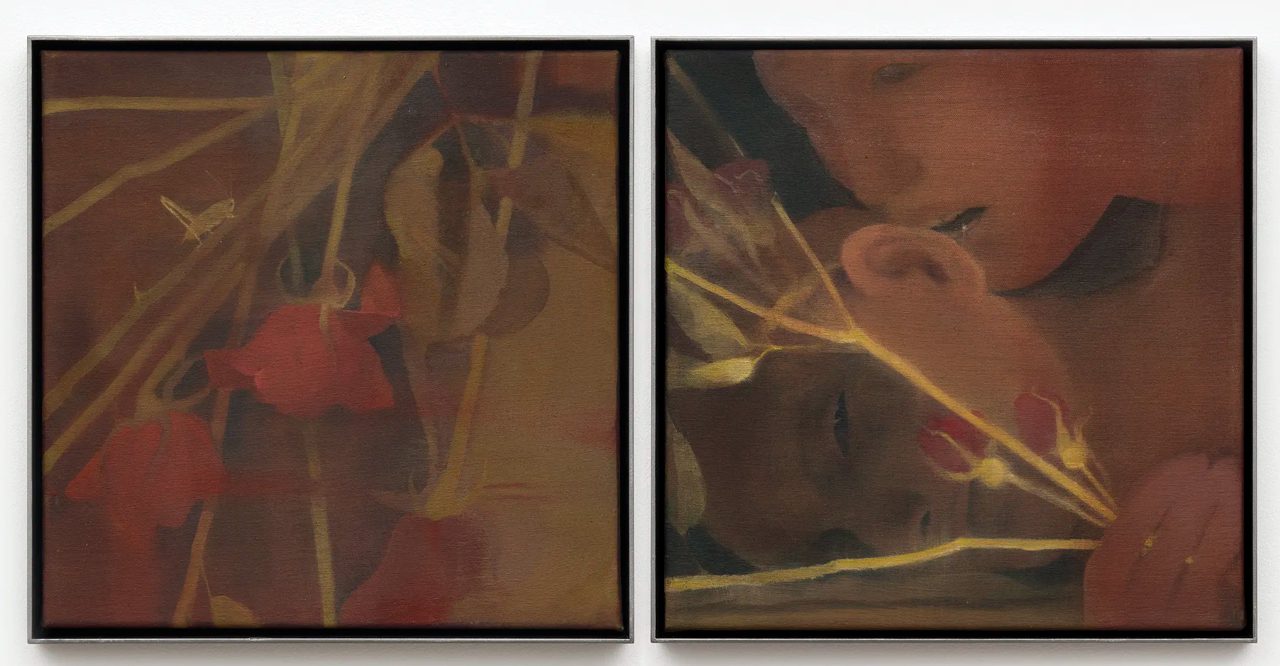 Anna Ruth, Cricket, Girls Dinner, 2026, Acrylic on canvas in steel frame, diptych, 35 x 70 cm | 13 3/4 in x 27 ½, Framed: 36.5 x 73 x 3 cm | 14 3/8 x 28 3/4 x 1 1/8 in, © Anna Ruth, Courtesy the artist and GRIMM Gallery