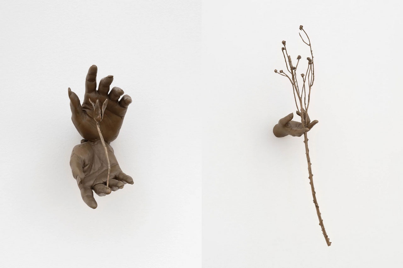 Left: : Kelly Akashi, Witness (Highview), 2026 Lost-wax and burn-out cast bronze22.9 x 10.2 x 19.7 cm, © Kelly Akashi, Courtesy the artist and Lisson Gallery Right: Kelly Akashi, Witness (Highview), 2026 Lost-wax and burn-out cast bronze 68.6 x 15.2 x 17.8 cm, © Kelly Akashi, Courtesy the artist and Lisson Gallery