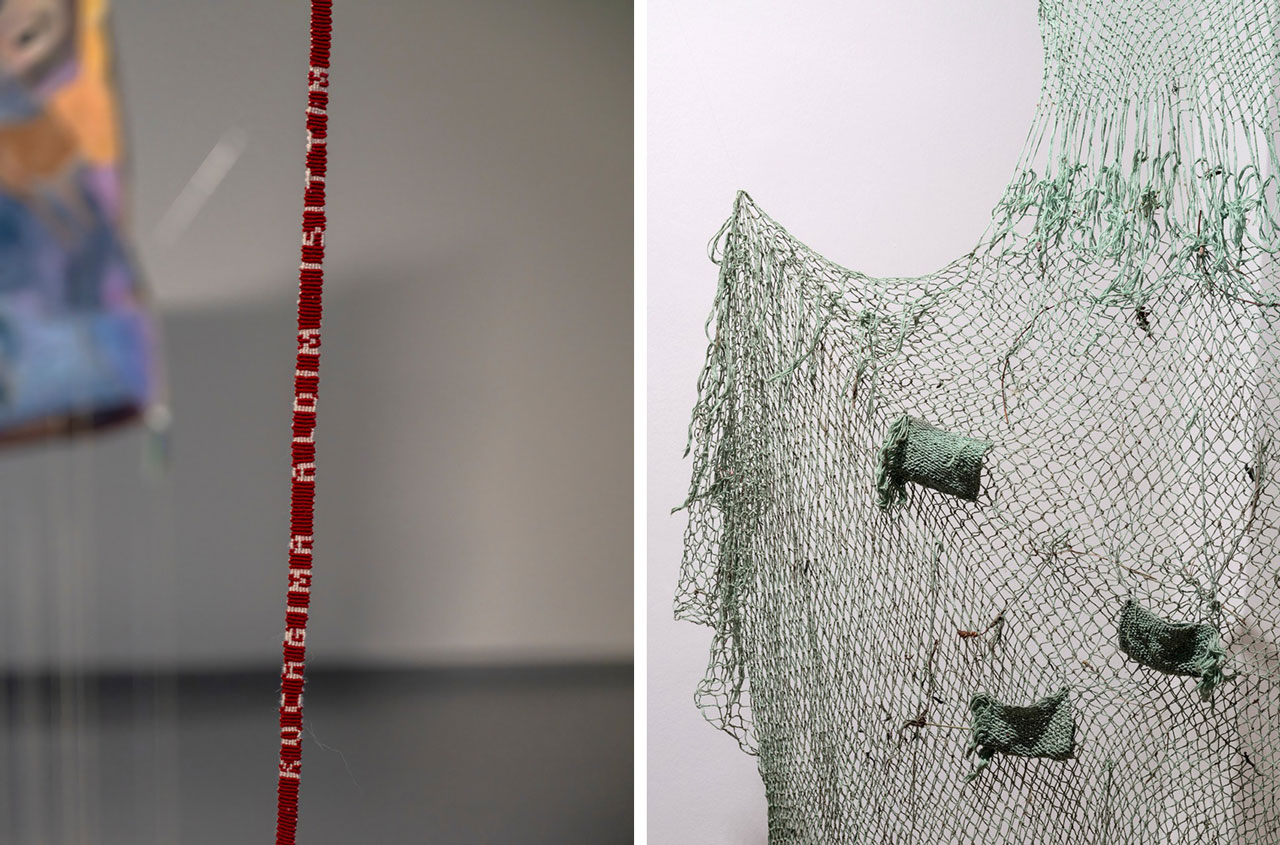 Left: Eşref Yıldırım, Yağmuru düğümlemek / Knotting the rain (detail), 2025, Site specific installation: Embroidered rope, Single-channel video , Variable dimensions, 60 pieces of rope, Video: 2’1’’, © Eşref Yıldırım, Courtesy the artist and Zilberman GalleryRight: Eşref Yıldırım, Kamuflaj / Camouflage (detail), 2025, Installation (net, plants, soil), 195 x 115 cm, © Eşref Yıldırım, Courtesy the artist and Zilberman Gallery