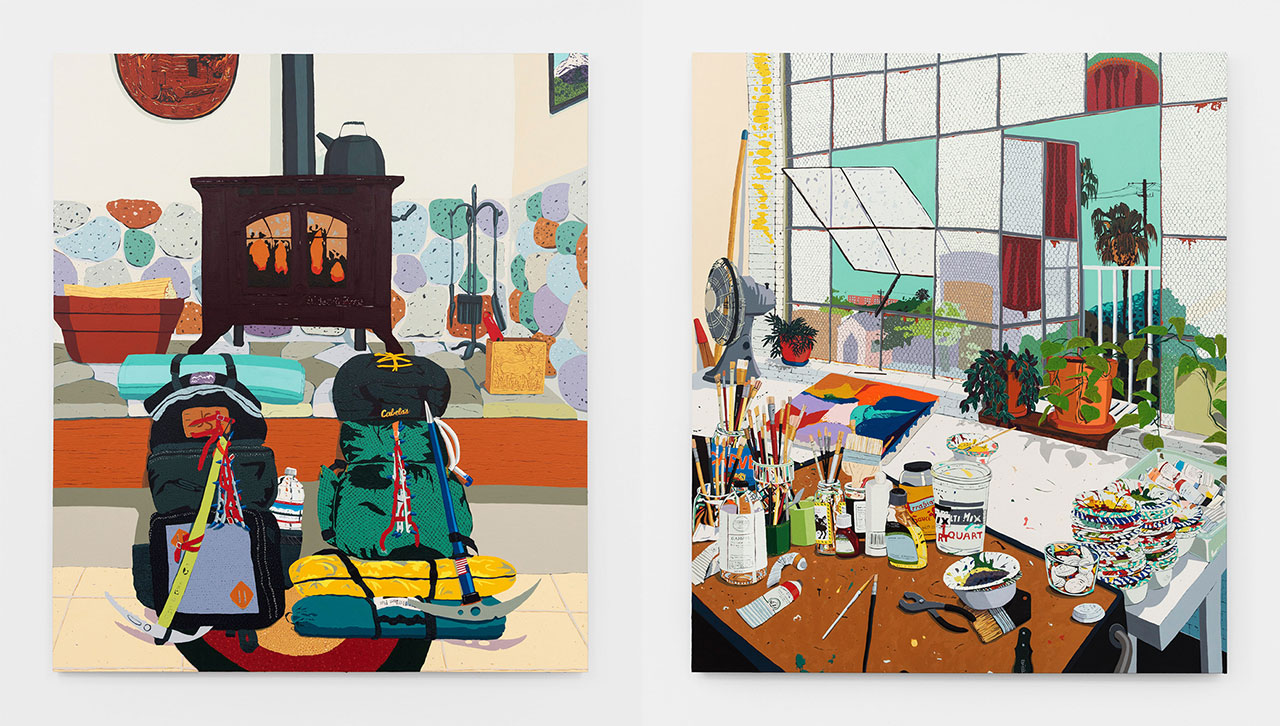 Left: Hilary Pecis, Mt. Shasta, 2025, acrylic on linen, 74 x 64 x 1 1/2 inches (188 x 162.6 x 3.8 cm), © Hilary Pecis, Courtesy the artist and David Kordansky GalleryRight: Hilary Pecis, Pam’s Studio, 2025, acrylic on linen, 74 x 64 x 1 5/8 inches (188 x 162.6 x 4.1 cm), © Hilary Pecis, Courtesy the artist and David Kordansky Gallery
