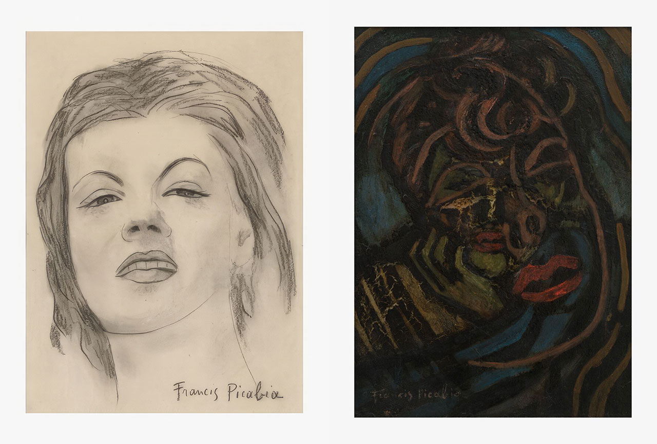 Left: Francis Picabia, Visage de femme (Face of a Woman), c. 1941, Pencil and charcoal on paper, 33 x 24.5 cm / 13 x 9 5/8 in, 55 x 46.5 x 3 cm / 21 5/8 x 18 1/4 x 1 1/8 in (framed), Photo: Alex Delfanne, Courtesy Hauser & Wirth GalleryRight: Francis Picabia, Transparence, Portrait de femme (Transparency, Portrait of a Woman), c. 1937 – 1939, Oil on board, 52.5 x 38 cm / 20 5/8 x 15 in, 63.5 x 49 x 3.7 cm / 25 x 19 1/4 x 1 1/2 in (framed), Photo: Jon Etter, Courtesy Hauser & Wirth Gallery