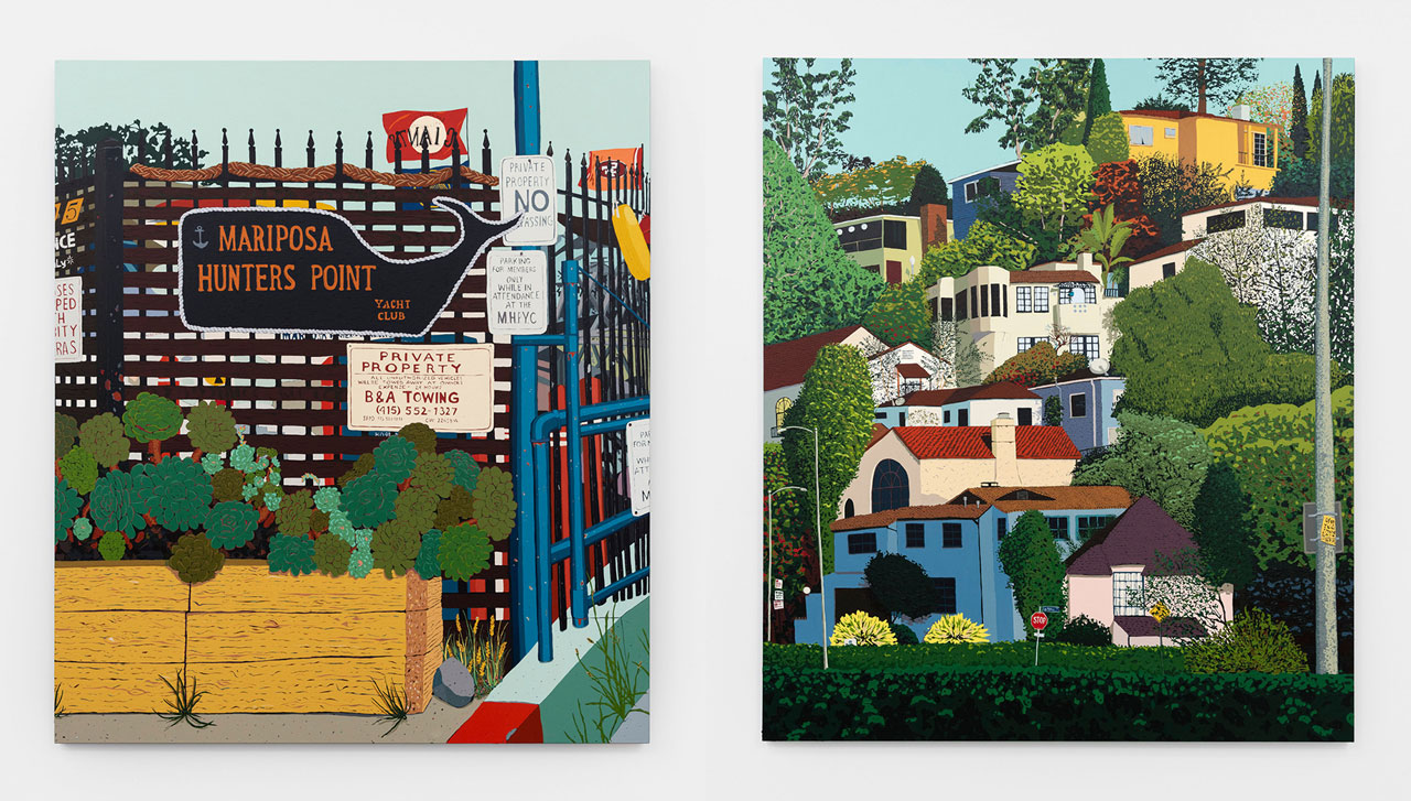 Left: Hilary Pecis, Yacht Club, 2025, acrylic on linen, 74 x 64 x 1 1/2 inches (188 x 162.6 x 3.8 cm), © Hilary Pecis, Courtesy the artist and David Kordansky GalleryRight: Hilary Pecis, N. Las Palmas Ave., 2025, acrylic on linen, 74 x 64 x 1 5/8 inches (188 x 162.6 x 4.1 cm), © Hilary Pecis, Courtesy the artist and David Kordansky Gallery