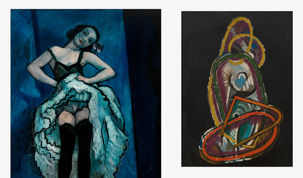 Left: Francis Picabia, French Cancan, c. 1937 – 1938, Oil on cardboard , 103.8 x 74.3 cm / 40 7/8 x 29 1/4 in 122 x 92 x 4 cm / 48 x 36 1/4 x 1 5/8 in (framed), Photo: Jon Etter, Courtesy Hauser & Wirth GalleryRight: Francis Picabia, Le viol (The Violation), c. 1948, Oil on cardboard, 105 x 75 cm / 41 3/8 x 29 1/2 in, Photo: Damian Griffiths, Courtesy Hauser & Wirth Gallery