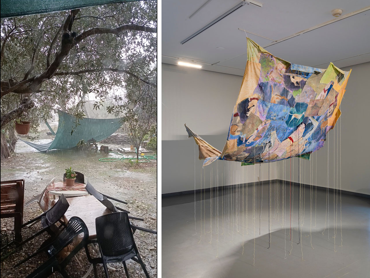 Left & Rght: Eşref Yıldırım, Branda, 2026, Site specific installation: Acrylic and thread on fabric, Single-channel video, Fabric: 280 x 210 x 245 cm, Video: 9’’ © Eşref Yıldırım, Courtesy the artist and Zilberman Gallery
