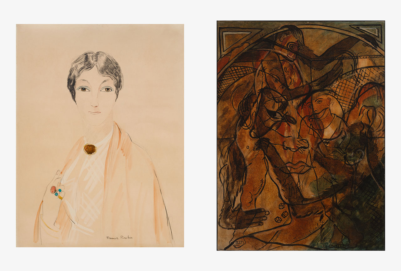 Left: Francis Picabia, Untitled, c. 1920 – 1922, Pencil, watercolour, ink and gouache on paper , 63 x 48 cm / 24 3/4 x 18 7/8 in 83 x 69.5 x 4 cm / 32 5/8 x 27 3/8 x 1 5/8 in (framed), Photo: Damian Griffiths, Courtesy Hauser & Wirth GalleryRight: Francis Picabia, Genèses (Geneses), c. 1930 – 1931, Oil on canvas, 116 x 85 cm / 45 5/8 x 33 1/2 in 128 x 96.7 x 3 cm / 50 3/8 x 38 1/8 x 1 1/8 in (framed), Photo: Damian Griffiths, Courtesy Hauser & Wirth Gallery
