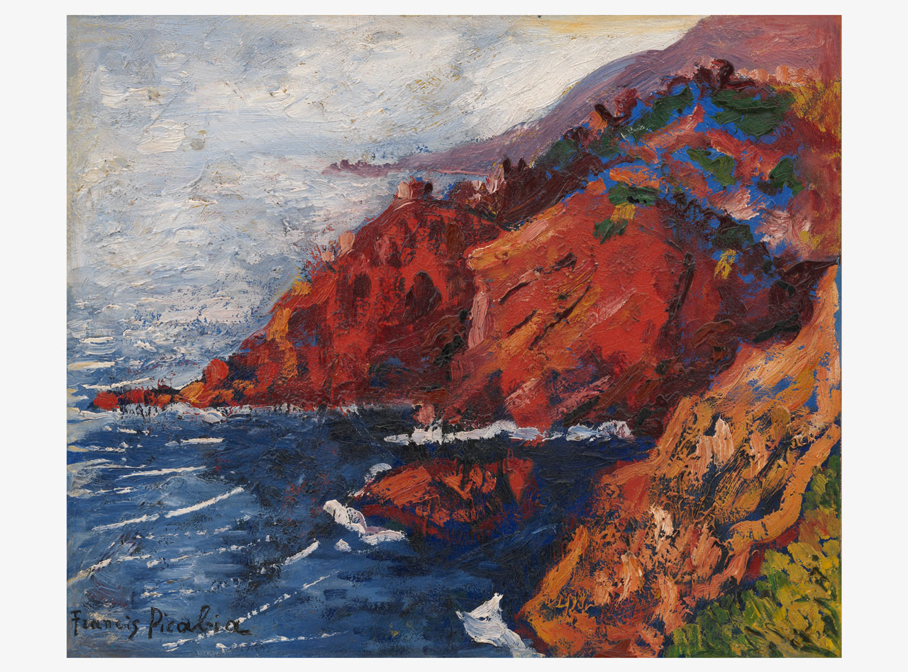 Francis Picabia, Les rochers rouges (The Red Rocks), c. 1942 – 1943, Oil on cardboard mounted on wood, 54 x 64.5 cm / 21 1/4 x 25 3/8 in 63.4 x 73.8 x 3 cm / 25 x 29 x 1 1/8 in (framed), Photo: Stefan Altenburger Photography Zürich, Courtesy Hauser & Wirth Gallery