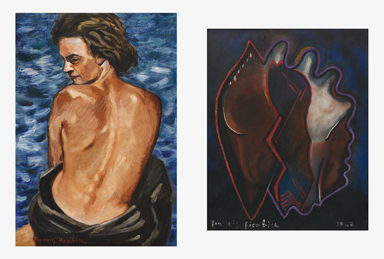 Left: Francis Picabia, Nu de dos devant la mer (Nude from Behind, in Front of the Sea), c. 1942 – 1943, Oil on cardboard, 75 x 53 cm / 29 1/2 x 20 7/8 in 84.6 x 62.1 x 6 cm / 33 1/4 x 24 3/8 x 2 3/8 in (framed), Photo: Theo Niderost, Courtesy Hauser & Wirth GalleryRight: Francis Picabia, Composition abstraite, 1947, Oil on cardboard, 90 x 72 cm / 35 3/8 x 28 3/8 in, 106.7 x 86.5 x 5 cm / 42 x 34 x 2 in (framed), Photo: Jon Etter, Courtesy Hauser & Wirth Gallery