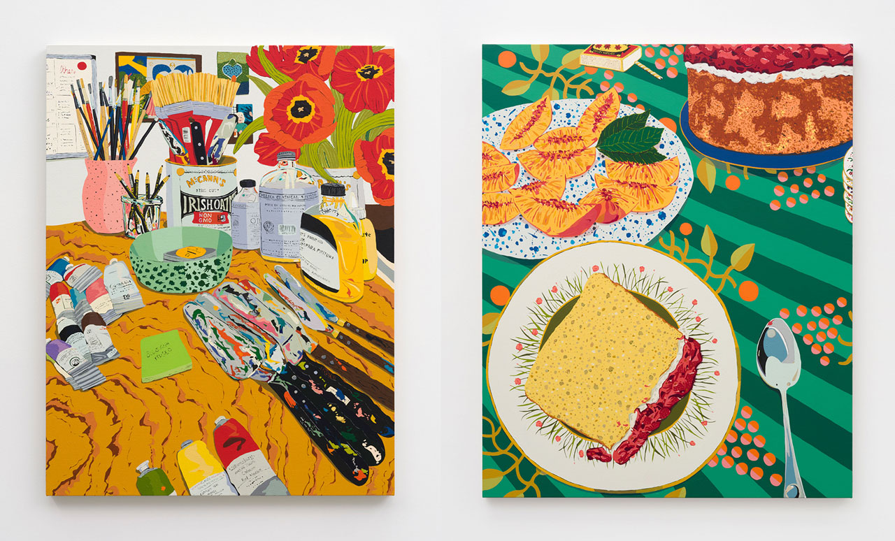 Left: Hilary Pecis, Studio Tulips, 2026, acrylic on linen, 44 x 34 x 1 1/2 inches(111.8 x 86.4 x 3.8 cm), © Hilary Pecis, Courtesy the artist and David Kordansky Gallery
Right: Hilary Pecis, Birthday Peaches, 2026, acrylic on linen, 54 x 44 x 1 5/8 inches (137.2 x 111.8 x 4.1 cm), © Hilary Pecis, Courtesy the artist and David Kordansky Gallery