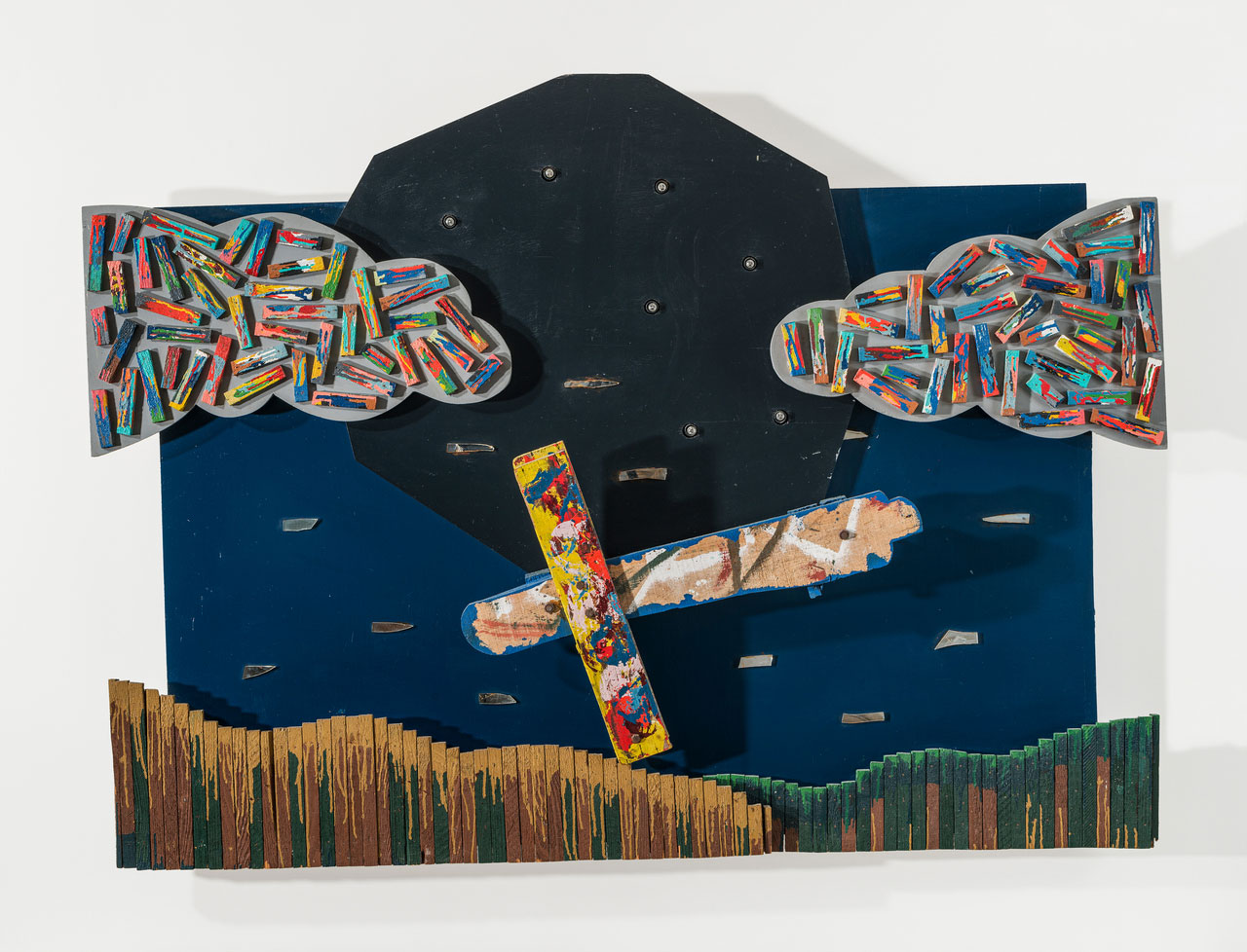 Alexis Akrithakis, Night Flight, 1983, 140 × 189 × 20.5 cm, wood, oil, lights, © The Estate of Alexis Akrithakis