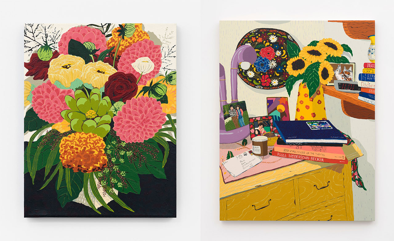 Left: Hilary Pecis, Anniversary, 2026, acrylic on linen, 23 x 18 x 1 1/2 inches (58.4 x 45.7 x 3.8 cm), © Hilary Pecis, Courtesy the artist and David Kordansky GalleryRight: Hilary Pecis, Paula’s Room, 2026, acrylic on linen, 44 x 34 x 1 1/2 inches (111.8 x 86.4 x 3.8 cm), © Hilary Pecis, Courtesy the artist and David Kordansky Gallery