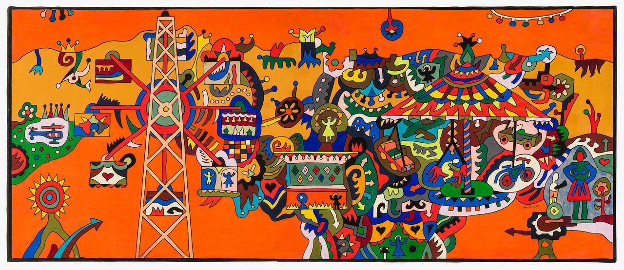 Alexis Akrithakis, Luna Park, 1967, 61 × 146 cm, tempera and ink on paper, Photo: Boris Kirpotin, © The Estate of Alexis Akrithakis