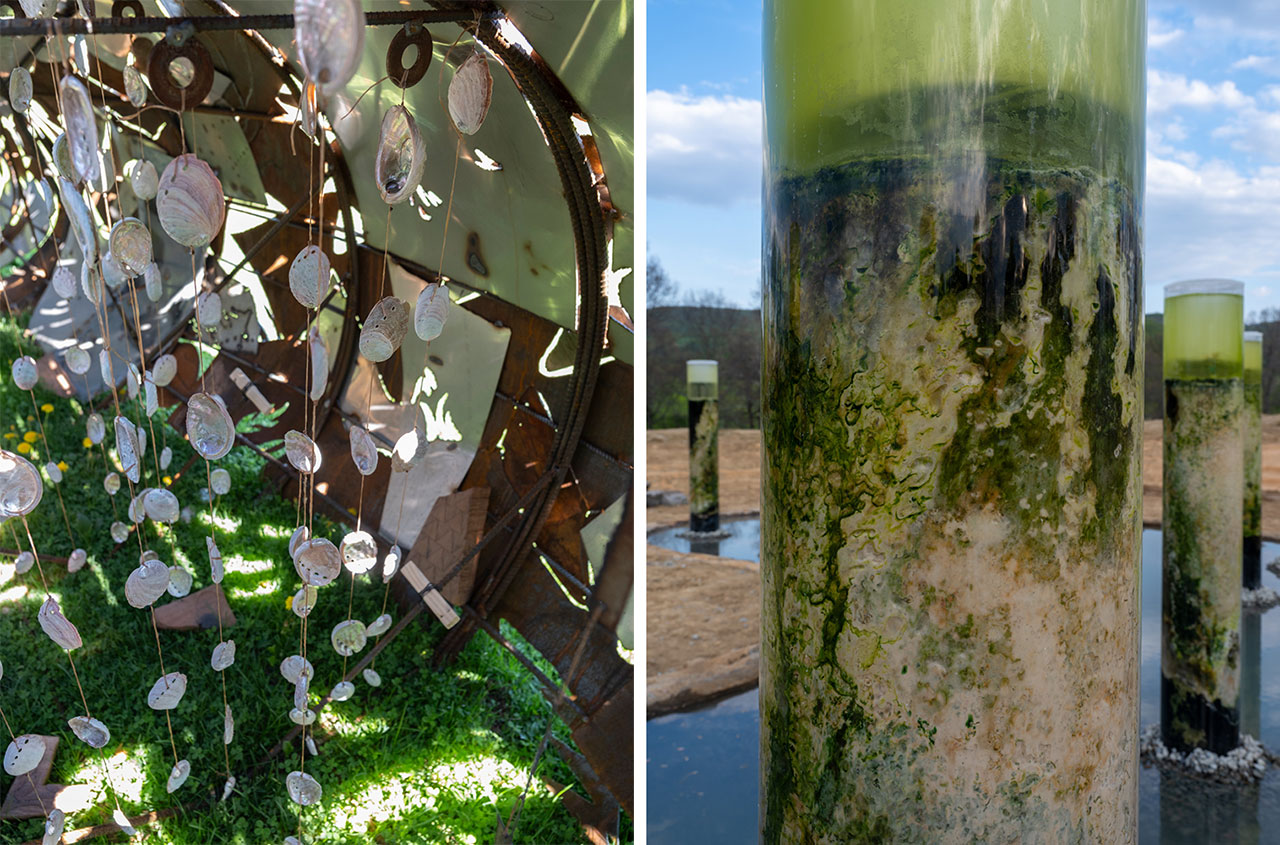 Left: Saif Azzuz, weych-pues / tàkhòne” (where the rivers meet), 2026, installation view, Storm King Art Center, © Saif Azzuz, Courtesy the artist and Storm King Art CenterRight: Anicka Yi, Message from the Mud, 2026, installation view, Storm King Art Center, © Anicka Yi, Courtesy the artist and Storm King Art Center