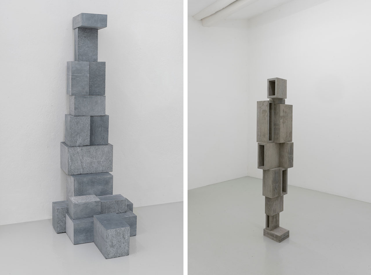Left: Antony Gormley, OPEN WARD, 2026, concrete, 189.5 x 39 x 33.5 cm, Courtesy: the artist and GALLERIA CONTINUA, Copyright: © the Artist Photo: Ela Bialkowska, OKNO StudioRight: Antony Gormley, SMALL SLUMP, 2026, sandstone, 74.5 x 29 x 37.3 cm, Courtesy: the artist and GALLERIA CONTINUA, Copyright: © the Artist Photo: Ela Bialkowska, OKNO Studio