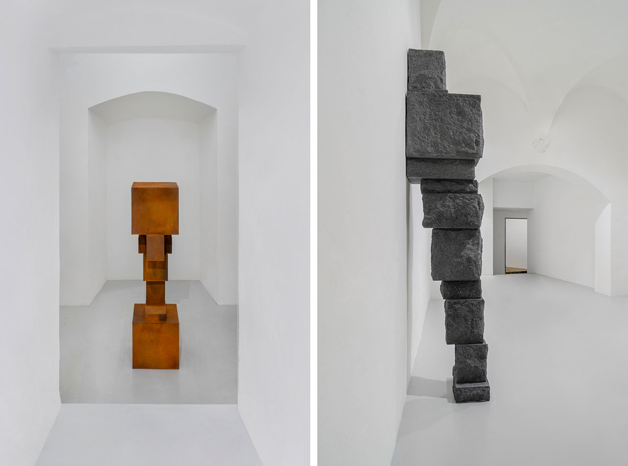 Left: Antony Gormley, Pack, 2024. Cast iron, 156 x 40 x 67.5 cm. Courtesy: the artist and GALLERIA CONTINUA, Copyright: © the Artist Photo: Ela Bialkowska, OKNO StudioRight: Antony Gormley, BIG COUNTER, 2026, basalt, 271.8 x 67.3 x 78.9 cm Courtesy: the artist and GALLERIA CONTINUA, Copyright: © the Artist Photo: Ela Bialkowska, OKNO Studio