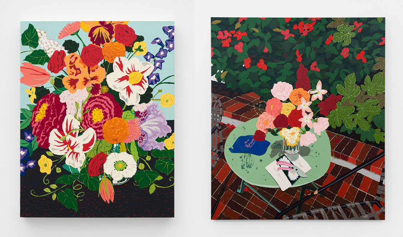 Left: Hilary Pecis, Congratulations, 2026, acrylic on linen, 23 x 18 x 1 1/2 inches (58.4 x 45.7 x 3.8 cm), © Hilary Pecis, Courtesy the artist and David Kordansky GalleryRight: Hilary Pecis, Backyard Garden, 2025, acrylic on linen, 74 x 64 x 1 5/8 inches (188 x 162.6 x 4.1 cm), © Hilary Pecis, Courtesy the artist and David Kordansky Gallery
