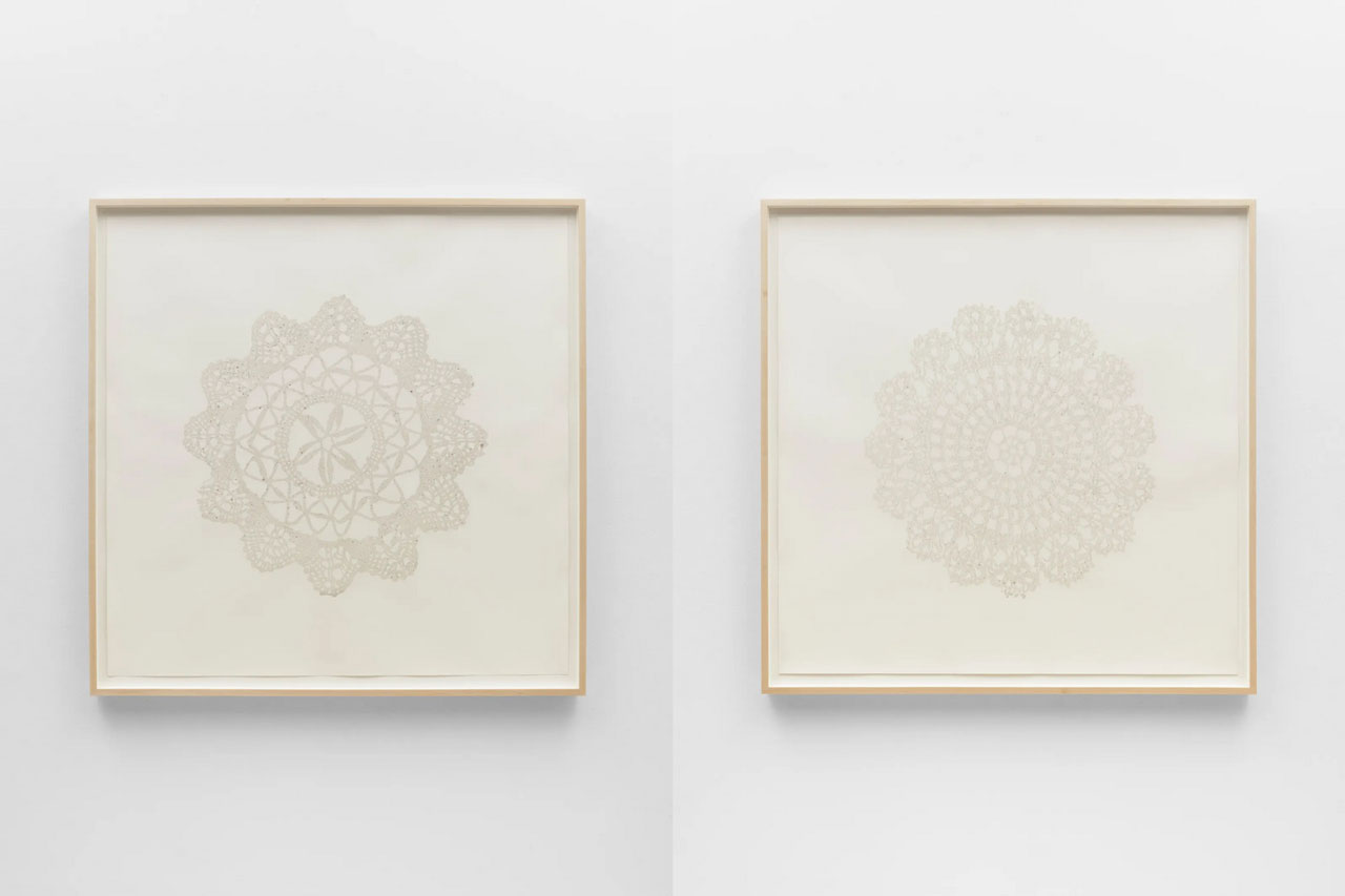 Left: : Kelly Akashi, Heirloom, 2026 Book-ash flocked paper in artist's frame125.7 x 125.7 cm, © Kelly Akashi, Courtesy the artist and Lisson Gallery Right: Kelly Akashi, Heirloom, 2026 Book-ash flocked paper in artist's frame 125.7 x 125.7 cm, © Kelly Akashi, Courtesy the artist and Lisson Gallery