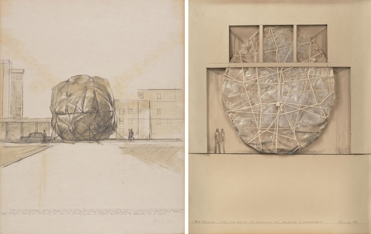 Left: Christo, Air Package (Project for Institute of Contemporary Art, University of Philadelphia), 1968, Graphite, wax crayon, cardboard, textured polyethylene, thread, and staples on cardboard, 28 x 22 inches (71.1 x 55.9 cm), © Christo and Jeanne-Claude Foundation, Photo: Prudence Cuming Associates Ltd, Courtesy Christo and Jeanne-Claude Foundation and GagosianRight: Christo, 42,390 Cubic Feet Empaquetage (Project for Minneapolis School of Art and Walker Art Center, Minneapolis), 1966, Graphite and wash on paper, 28 x 22 inches (71.1 x 55.9 cm), © Christo and Jeanne-Claude Foundation, Photo: Prudence Cuming Associates Ltd, Courtesy Christo and Jeanne-Claude Foundation and Gagosian