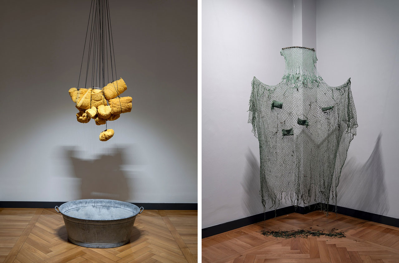 Left: Eşref Yıldırım, Çözünme / Dissolution, 2025, Installation: metal cauldron and sponge, 3 archival, pigment prints, Variable dimensions, © Eşref Yıldırım, Courtesy the artist and Zilberman GalleryRight: Eşref Yıldırım, Kamuflaj / Camouflage (detail), 2025, Installation (net, plants, soil), 195 x 115 cm, © Eşref Yıldırım, Courtesy the artist and Zilberman Gallery