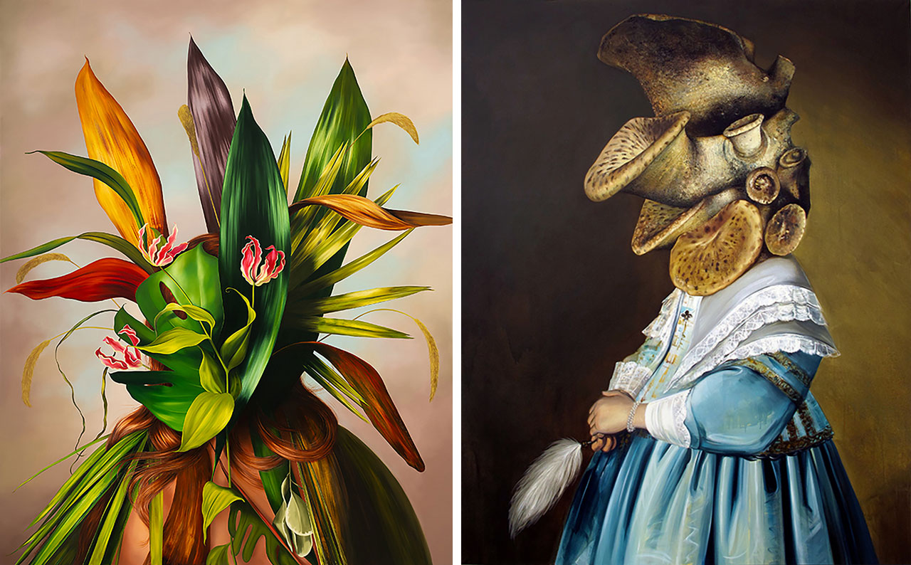 Left: Ewa Juszkiewicz, A Calla Portrait, 2025, oil on canvas, 160 × 130 cm. Private collection, © Ewa Juszkiewicz.Right: Ewa Juszkiewicz, Girl in Blue (after Johannes Cornelisz Verspronck), 2013, acrylic and oil on canvas, 200 × 160 cm. Collection of Jen Rubio and Stewart Butterfield, © Ewa Juszkiewicz.