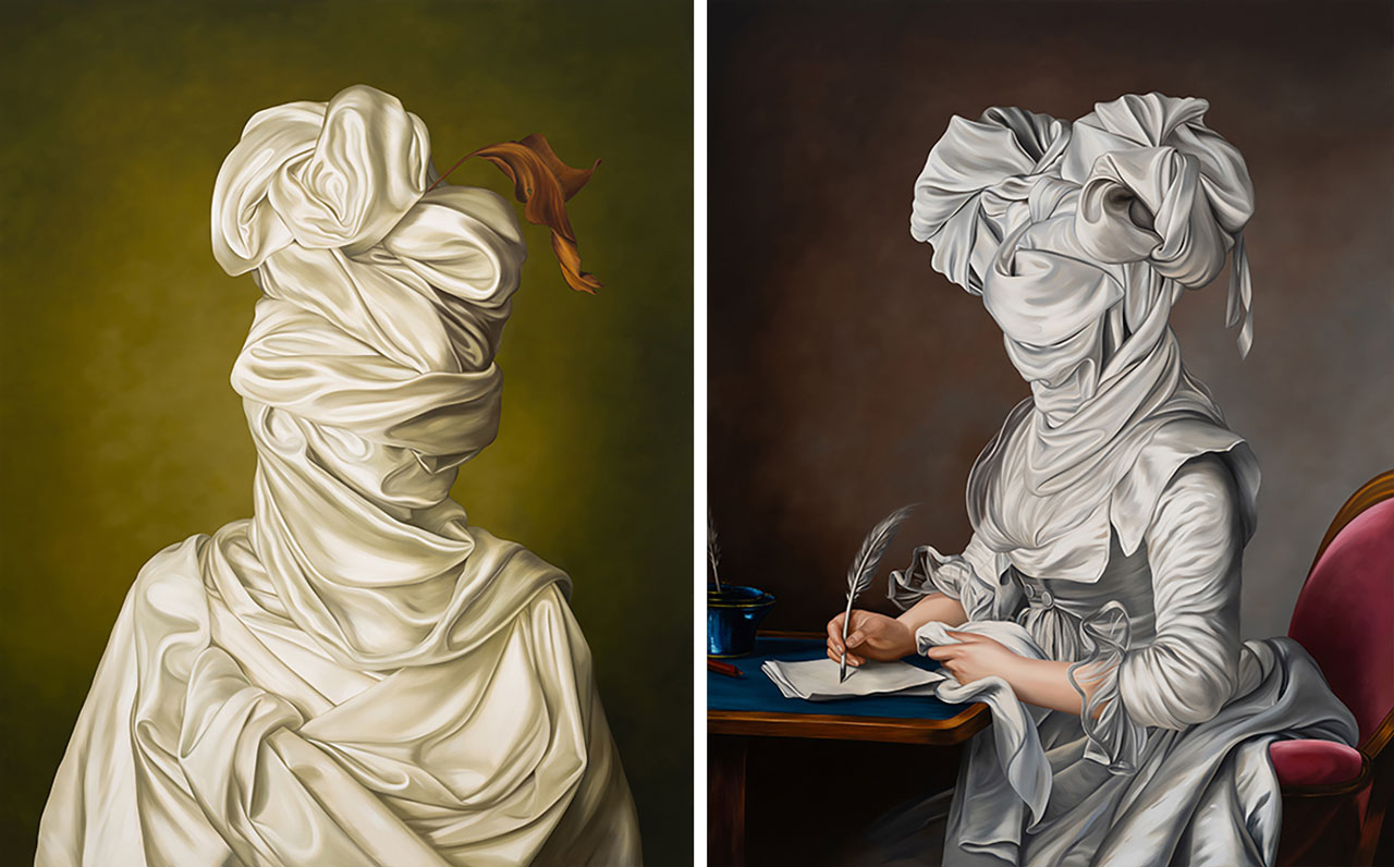 Left: Ewa Juszkiewicz, ilk and Musa Leaf, 2025, oil on canvas, 200 × 150 cm. Private collection, © Ewa Juszkiewicz.Right: Ewa Juszkiewicz, The Letter (after Adélaïde Labille-Guiard), 2023, oil on canvas, 145 × 115 cm. Private collection, © Ewa Juszkiewicz.