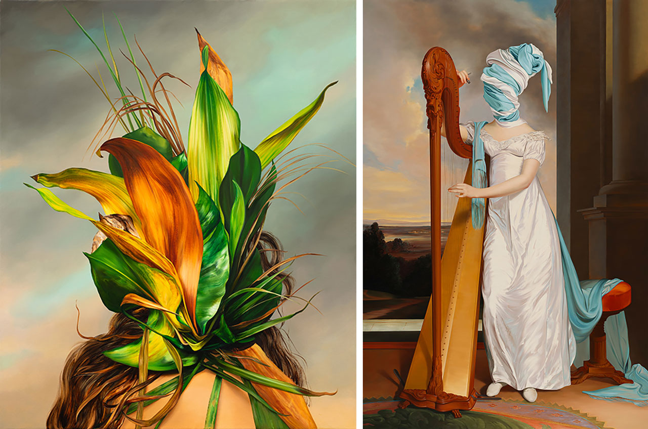 Left: Ewa Juszkiewicz, Monstera, 2024, oil on canvas, 100 × 80 cm. Collection of Jen Rubio and Stewart Butterfield, © Ewa Juszkiewicz.Right: Ewa Juszkiewicz, The Harpist (after Thomas Sully), 2023, oil on canvas, 260 × 173 cm. Private collection, © Ewa Juszkiewicz.