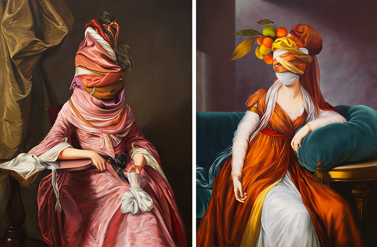 Left: Ewa Juszkiewicz, Portrait in a Teal Gown, 2026, oil on canvas, 100 × 80 cm. Private collection, © Ewa Juszkiewicz.Right: Ewa Juszkiewicz, Portrait in Venetian Red (after Élisabeth Vigée Le Brun), 2024, oil on canvas, 190 × 140 cm. Private collection, © Ewa Juszkiewicz.