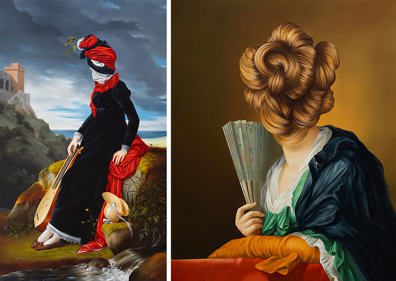 Left: Ewa Juszkiewicz, In a Shady Valley, Near a Running Water (after François Gérard), 2023, Oil on canvas, 270 × 160 cm FAMM (Femmes Artistes Musée Mougins), The Levett Collection, © Ewa JuszkiewiczRight: Ewa Juszkiewicz, Girl with a Fan (after Johann Heinrich Tischbein the Elder), 2023, Oil on canvas, 100 × 80 cm Jen Rubio and Stewart Butterfield Collection, © Ewa Juszkiewicz