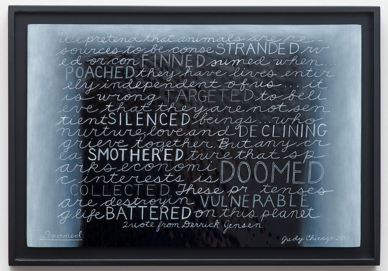 Judy Chicago, The End: A Meditation on Death and Extinction (2015–16), kiln-fired glass paint on black glass, Collection of the Jordan Schnitzer Family Foundation