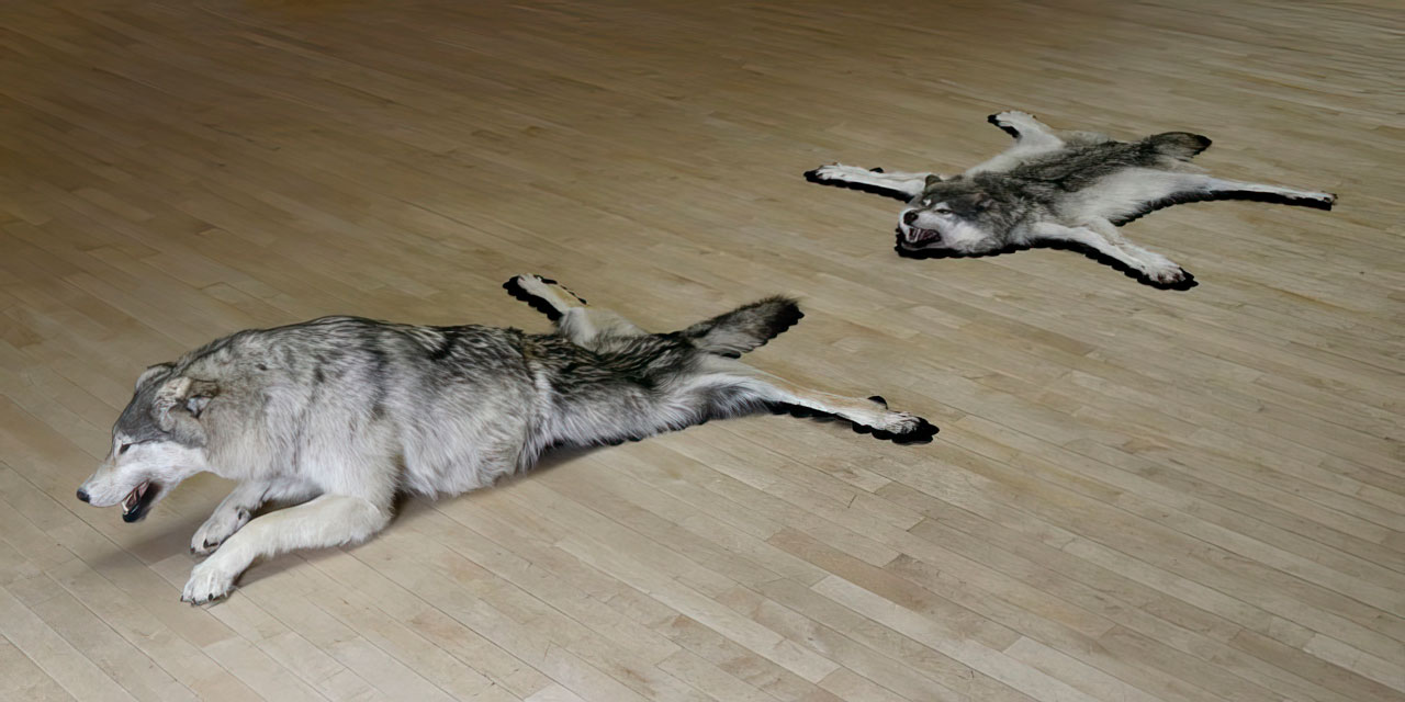 Nicholas Galanin, A Space Between Life and Death (2015), taxidermied wolves, felt, Art Gallery of Ontario, Purchase, with funds by exchange, 2020, 2020/5
