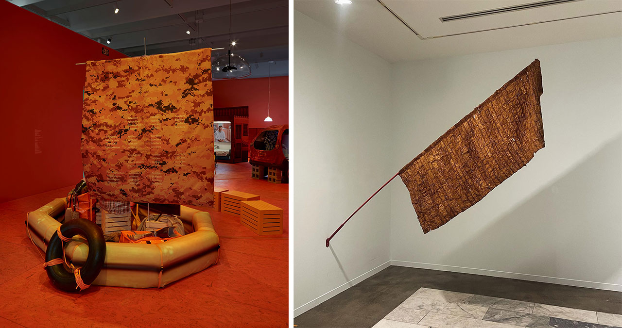 Left: Josh Kline, Desperation (2024), thermal dye diffusion transfer print on ripstop polyester, nylon webbing, monitor, directional speaker, steel conduit, medium-density fibreboard, wood, acrylic paint, metal hardware, PETG, prosthetic arm and leg, military clothing, vinyl bags, rubber inner tube and plastic ring buoy, Courtesy of the Artist; Lisson Gallery, London, New York, Los Angeles, Shanghai; and 47 Canal, New YorkRight: Gabrielle L’Hirondelle Hill, Orinoco Note (2016), Virginia tobacco, Collection of the Vancouver Art Gallery, Audain Emerging Artists Acquisitions Fund