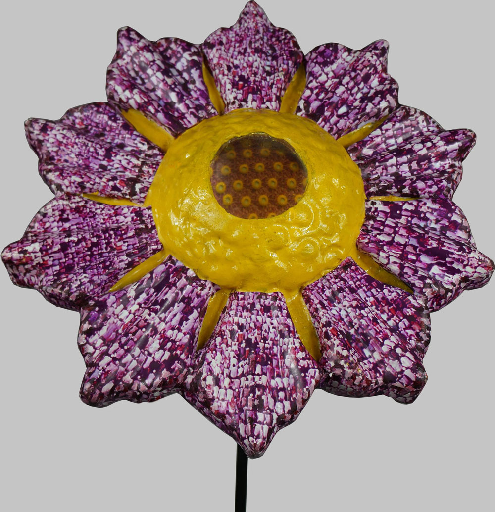 Ioanna Kazaki, Microcosmos–Macrocosmos, 17 Flowers, Polyester, digital images, papier mache, collage, stainless mirror, iron, magnifying lenses, lights. Sound: Stadium Crowd Noise, Dimentions: 150x30x30cm or 165x45x45cm each/ Installation view AcroArt Projects-Thessaloniki, 2026, © & Courtesy the artist