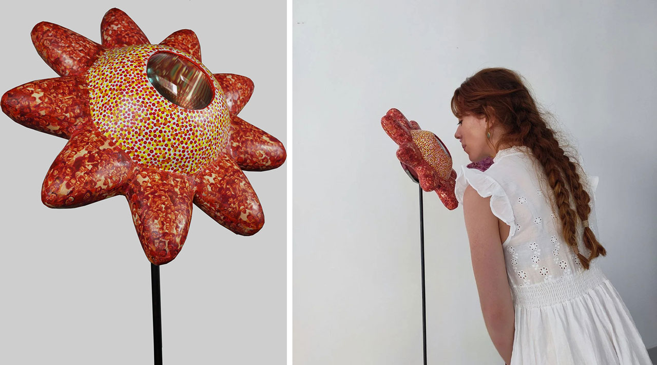 Ioanna Kazaki, Microcosmos–Macrocosmos, 17 Flowers, Polyester, digital images, papier mache, collage, stainless mirror, iron, magnifying lenses, lights. Sound: Stadium Crowd Noise, Dimentions: 150x30x30cm or 165x45x45cm each/ Installation view AcroArt Projects-Thessaloniki, 2026, © & Courtesy the artist