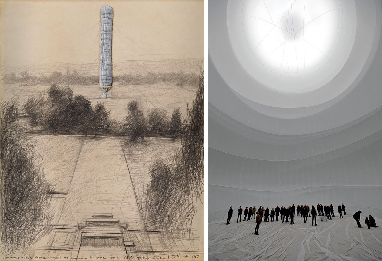 Left: Christo, 5,600 Cubic Meter Package (Project for documenta IV, Kassel), 1968, Graphite, wax crayon, enamel paint, cardboard, fabric, and thread on cardboard, 28 x 22 inches (71.1 x 55.9 cm), © Christo and Jeanne-Claude Foundation, Photo: Prudence Cuming Associates Ltd, Courtesy Christo and Jeanne-Claude Foundation and GagosianRight: Christo and Jeanne-Claude, Big Air Package, Installation view: Gasometer Oberhausen, Germany, 2010-13, Artwork © Christo and Jeanne-Claude Foundation, Photo: Wolfgang Volz , Courtesy Christo and Jeanne-Claude Foundation and Gagosian